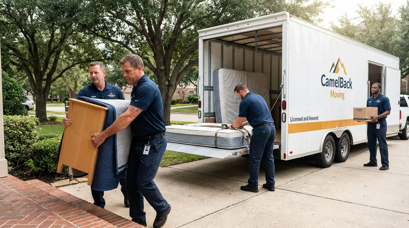 Crew loading residential truck for cross-state move from Oconto, WI