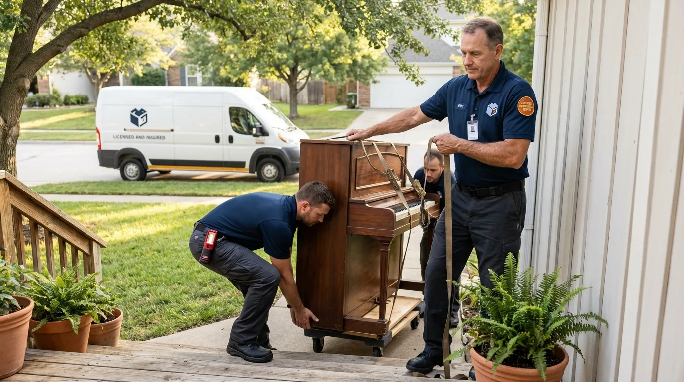 Licensed piano movers securing grand piano in Oconto, WI