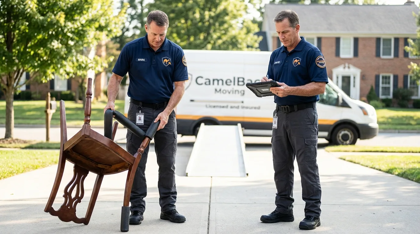 Movers inspecting furniture for damage prevention before loading in Oconto, WI