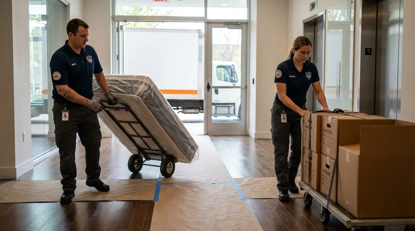 Professional apartment movers loading elevator in Oconto, WI