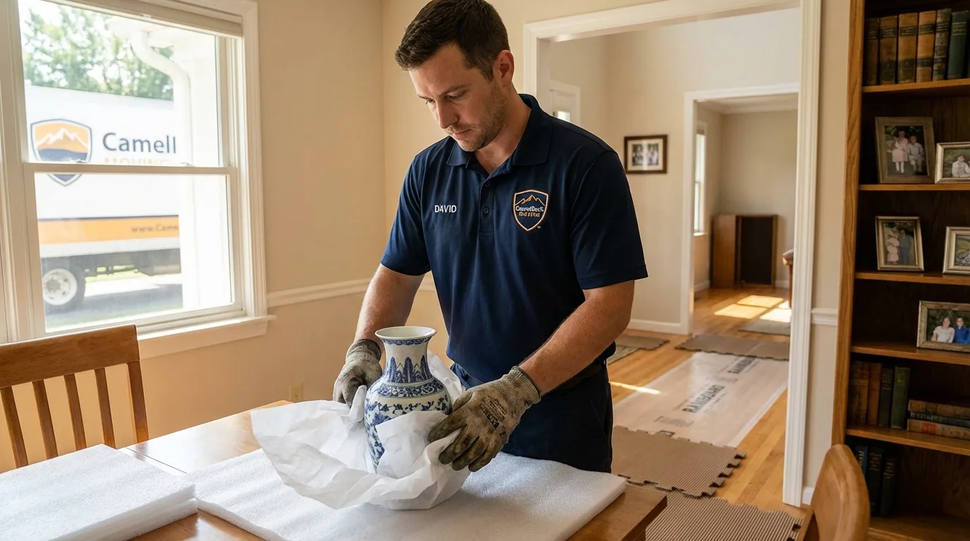 Professional crew carefully wrapping antique vase for senior downsizing move in Oconto, WI