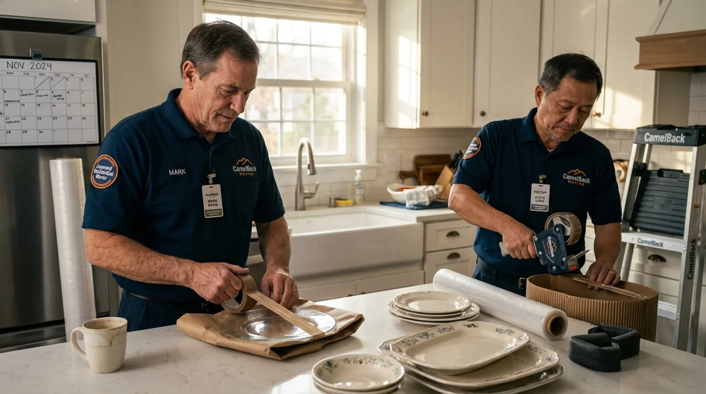 Professional crew packing kitchen dishware in Oconto, WI